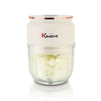 Euro Cuisine Mini Cordless/Rechargeable Chopper with USB Cord & Glass Bowl - White